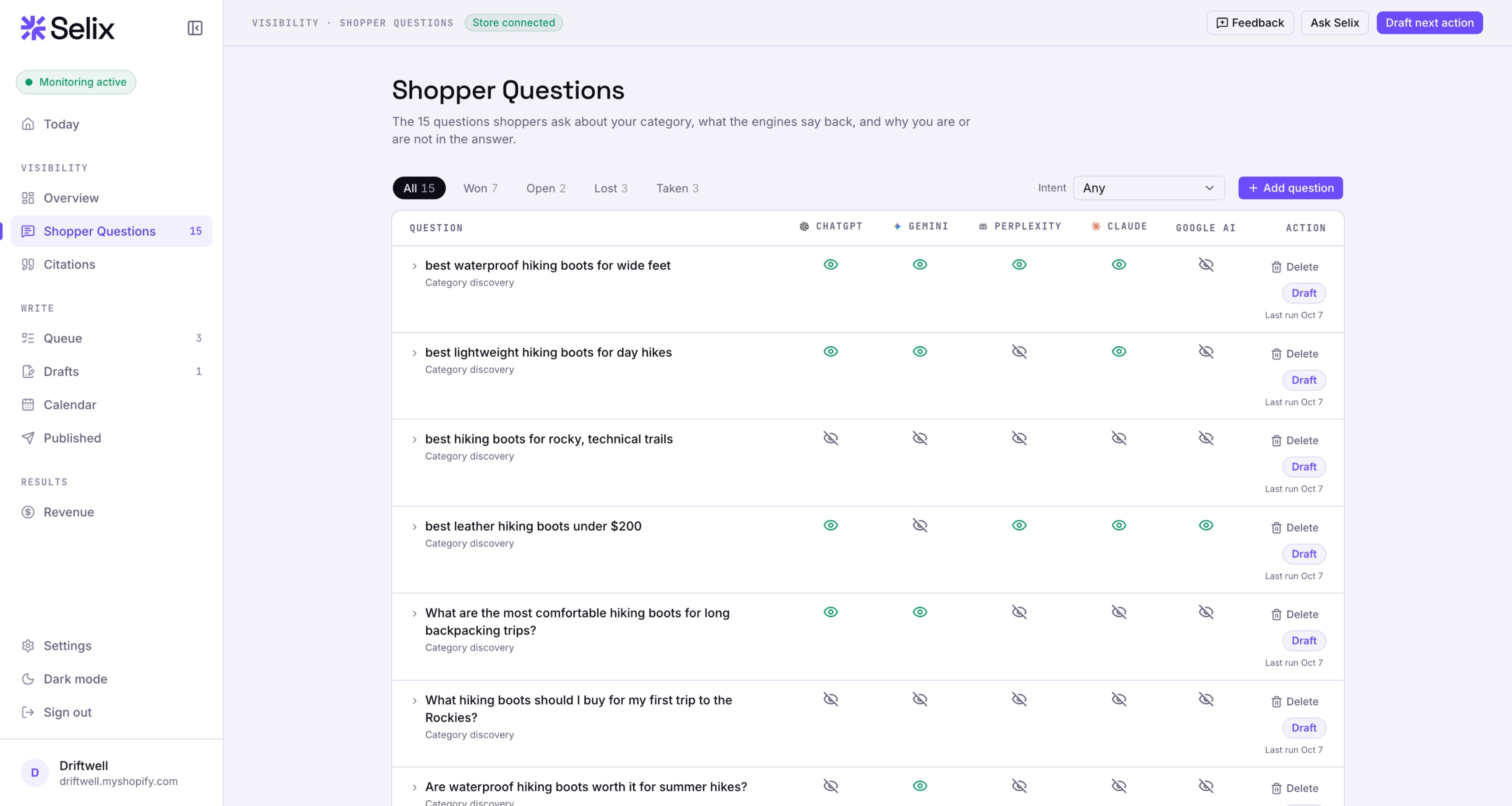 Shopper Questions screen in Selix