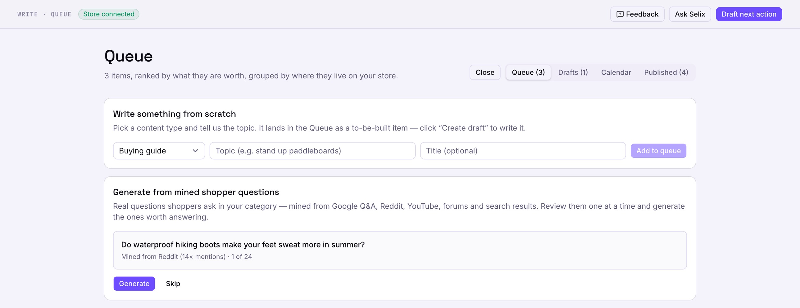 The Create content panel showing a question mined from YouTube
